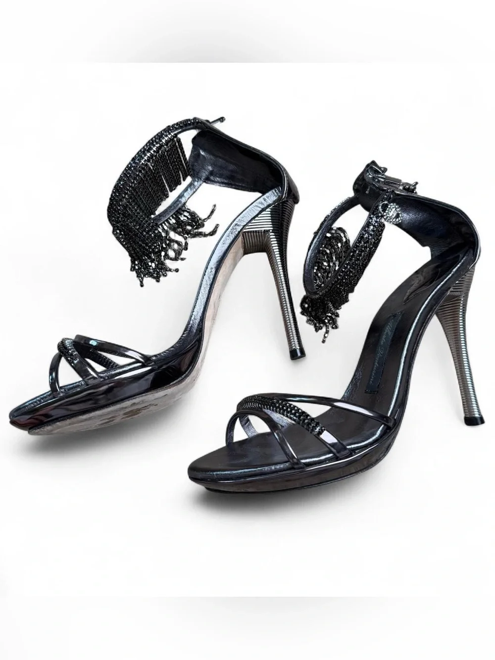 Alberto Venturini Italy Black Rhinestone Fringe Stiletto Heels 36